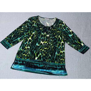 TanJay 3/4 Sleeve Beaded Tunic Blouse Womens Size Large Green Leopard Print
